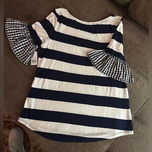 Crown & Ivy Navy and White Striped Kids Shirt with Gingham Sleeves
